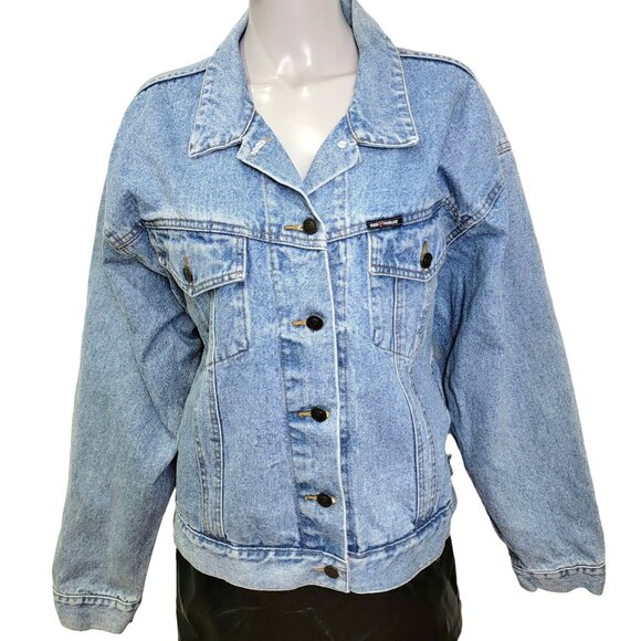 Vintage 90s Denim Jacket Women Medium Wash Dakota Blue Jean Black Coat 10 8 Fall - Picture 2 of 16